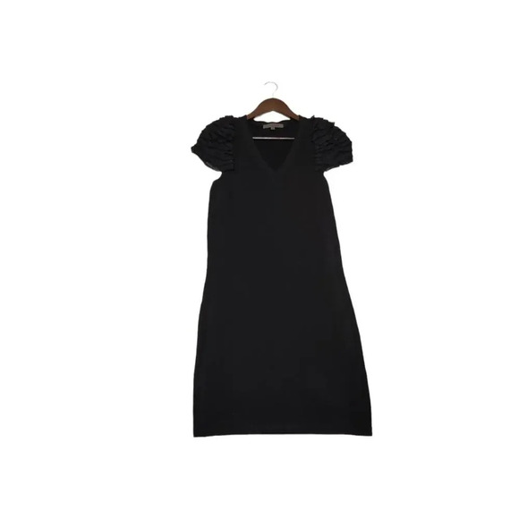 Eryn Brinie Black V-Neck Knit Knee Length Ruffle Puff Sleeve Sheath Dress Size M - Picture 3 of 10